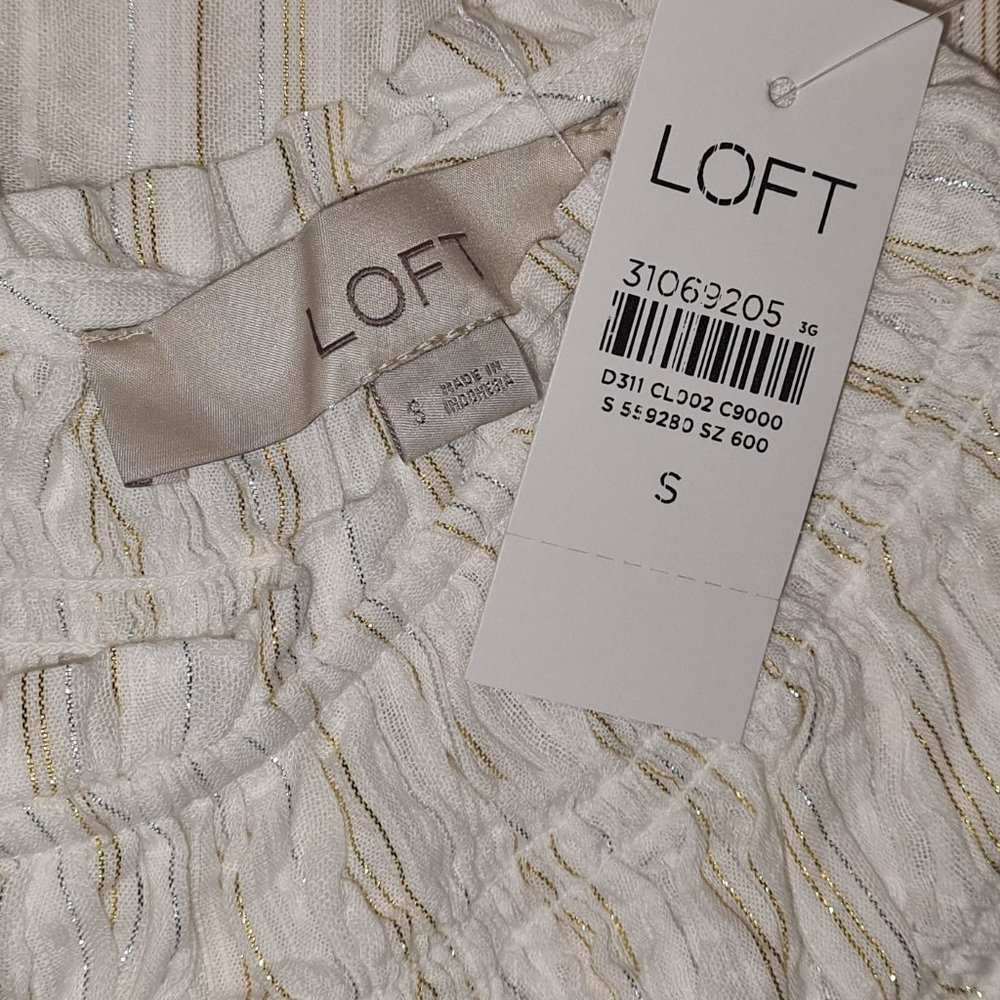 LOFT NWT Shimmer Striped Smocked Shell Top S - Picture 11 of 11